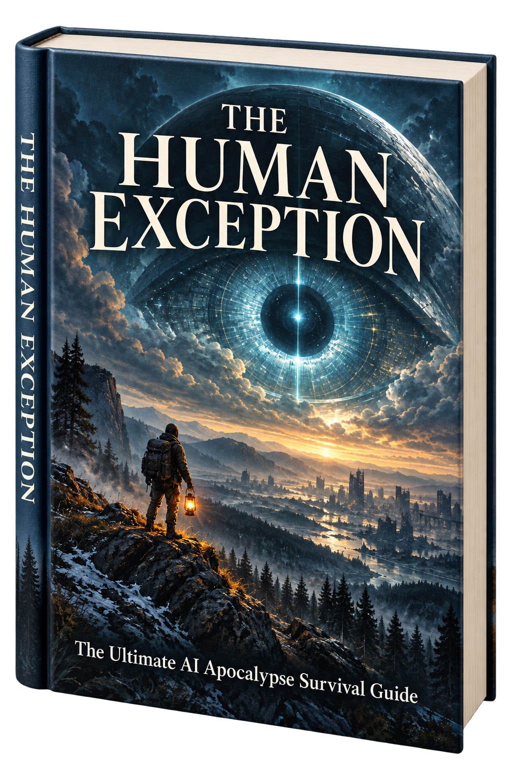 The Human Exception book, with a subtly blinking mechanical eye on its cover